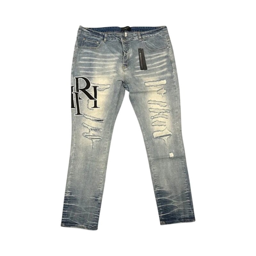 Amiri Distressed Monogram Patch Jeans Light Wash Blue Denim Size 40 Button Fly